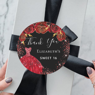 Sticker Rond Sweet 16 flûtes de robe rouge noir Merci