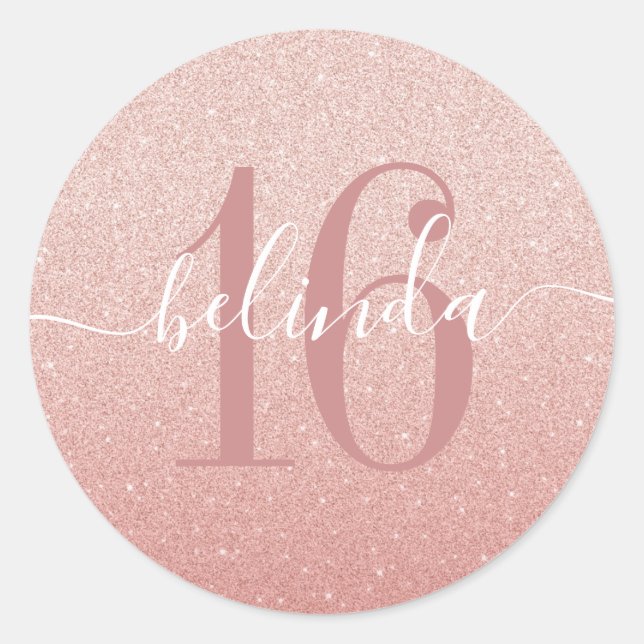 Sticker Rond Sweet 16 Girly Rose Gold Blush rose Monogramme Nom (Devant)