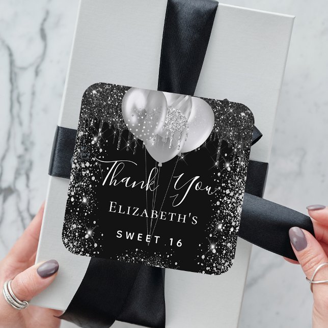 Sticker Rond Sweet 16 noir argent parties scintillant nom merci (Créateur téléchargé)