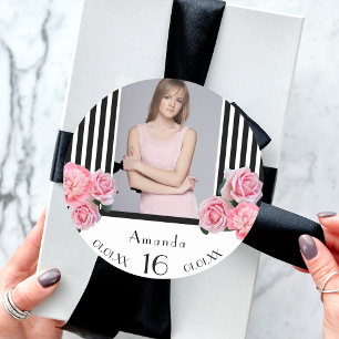 Sticker Rond Sweet 16 noir blanc rayures fleurs photo