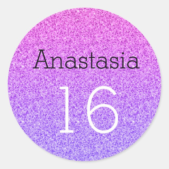 Sticker Rond Sweet 16 Nom Age Ombre Violet Parties scintillant  (Devant)
