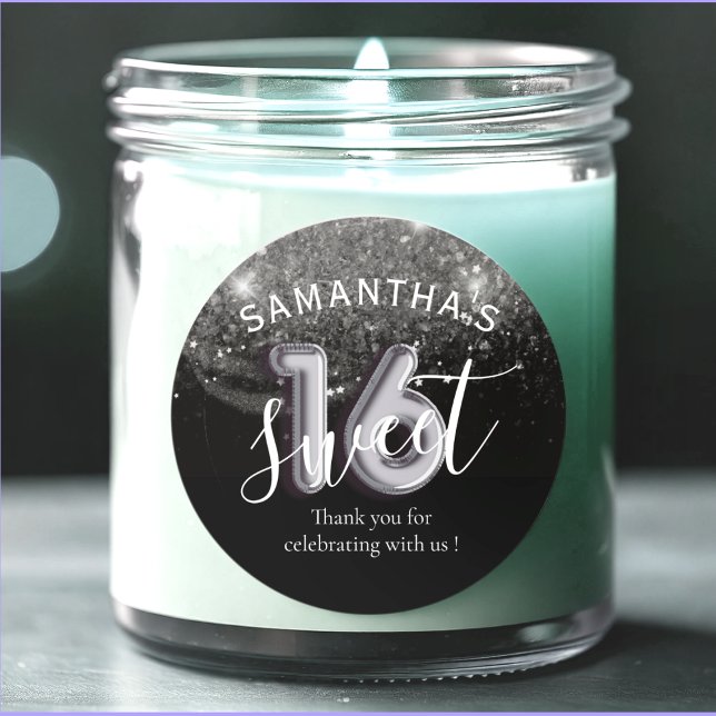 Sticker Rond Sweet 16 Parties scintillant d'argent noir et numé (Créateur téléchargé)