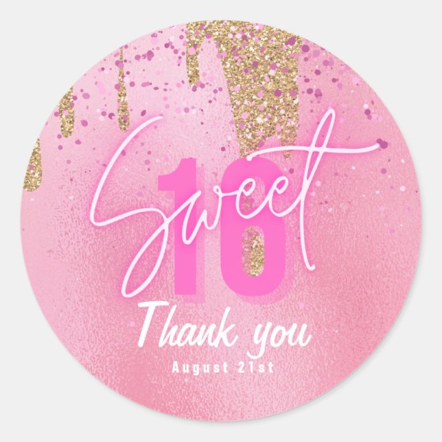 Sticker Rond Sweet 16 Parties scintillant rose Foil Girly Moder (Devant)