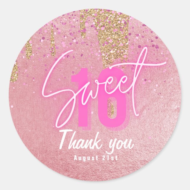 Sticker Rond Sweet 16 Parties scintillant rose Foil Girly Moder (Devant)