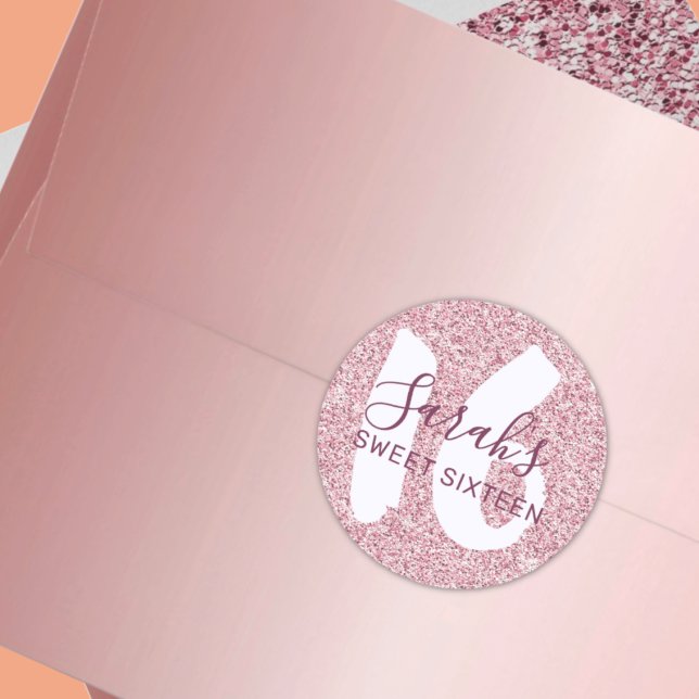 Sticker Rond Sweet 16 Parties scintillant rose mousseux Anniver (Créateur téléchargé)