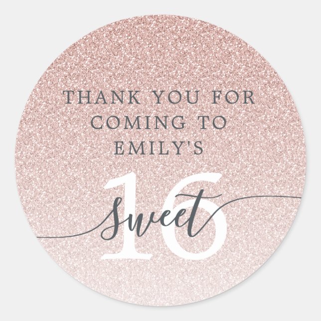 Sticker Rond Sweet 16 Parties scintillant rose Ombre Merci Nom  (Devant)