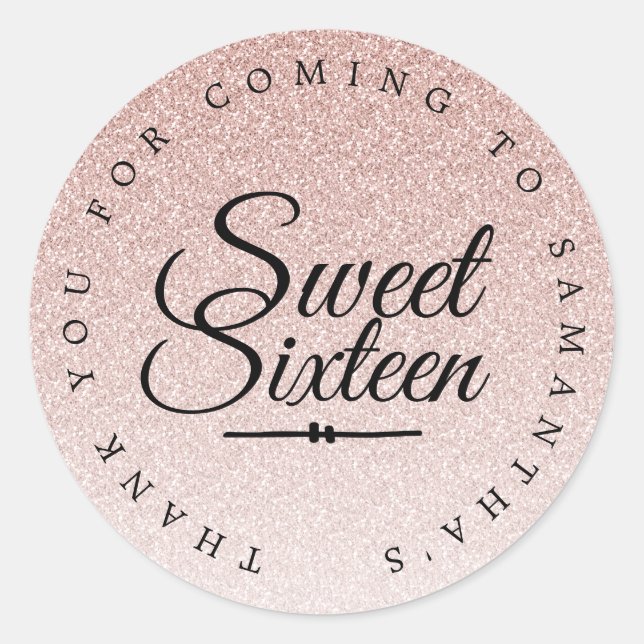 Sticker Rond Sweet 16 Parties scintillant rose Ombre Merci Nom  (Devant)