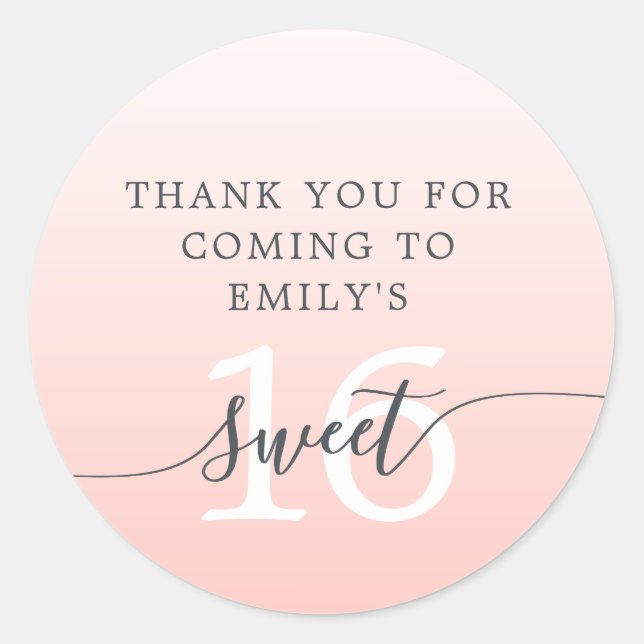 Sticker Rond Sweet 16 Parties scintillant rose Ombre Merci Nom  (Devant)
