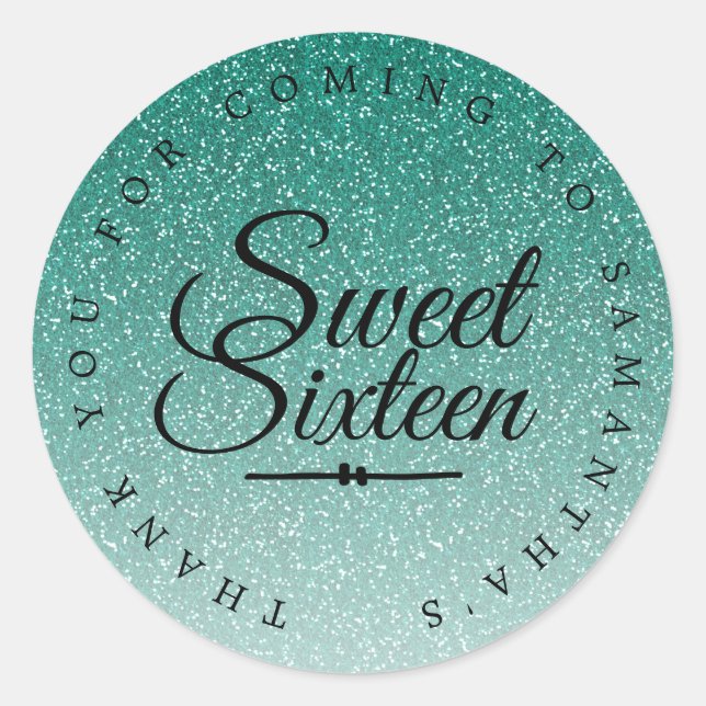 Sticker Rond Sweet 16 Parties scintillant verte Ombre Merci Nom (Devant)