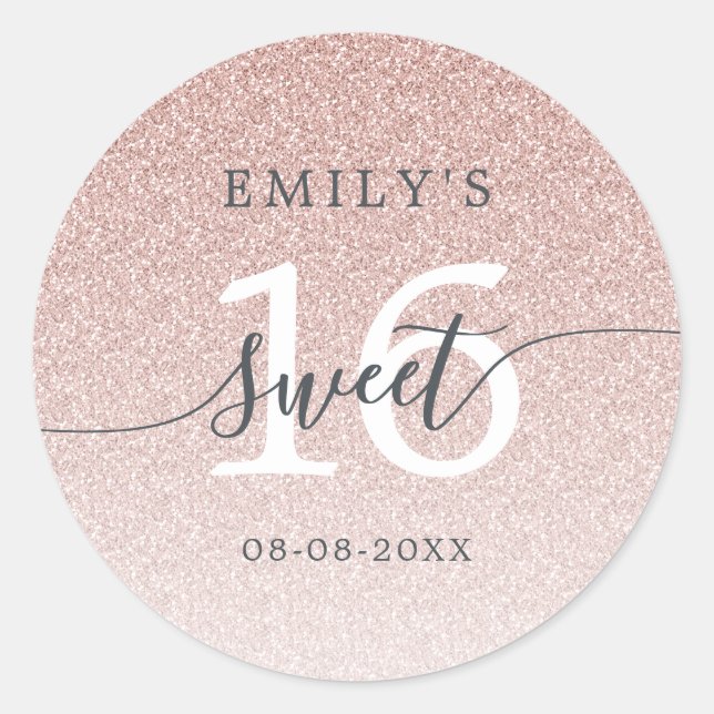 Sticker Rond Sweet 16 Pink Parties scintillant Ombre Nom person (Devant)