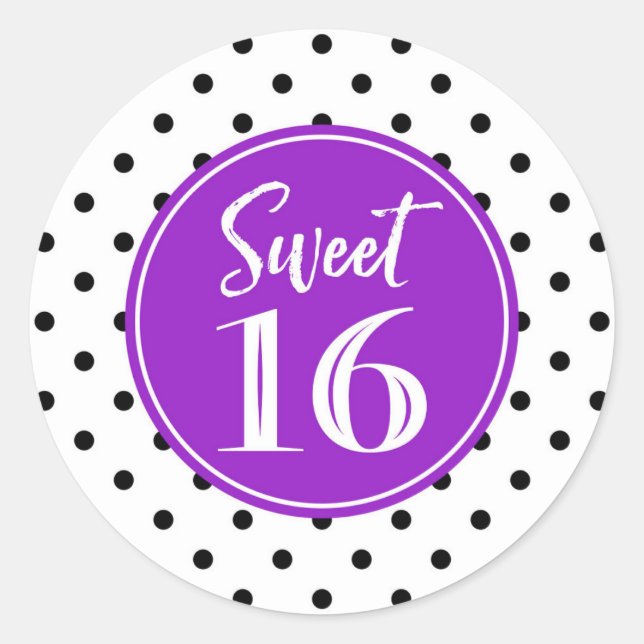 Sticker Rond Sweet 16 Points noirs violets blancs d'anniversair (Devant)