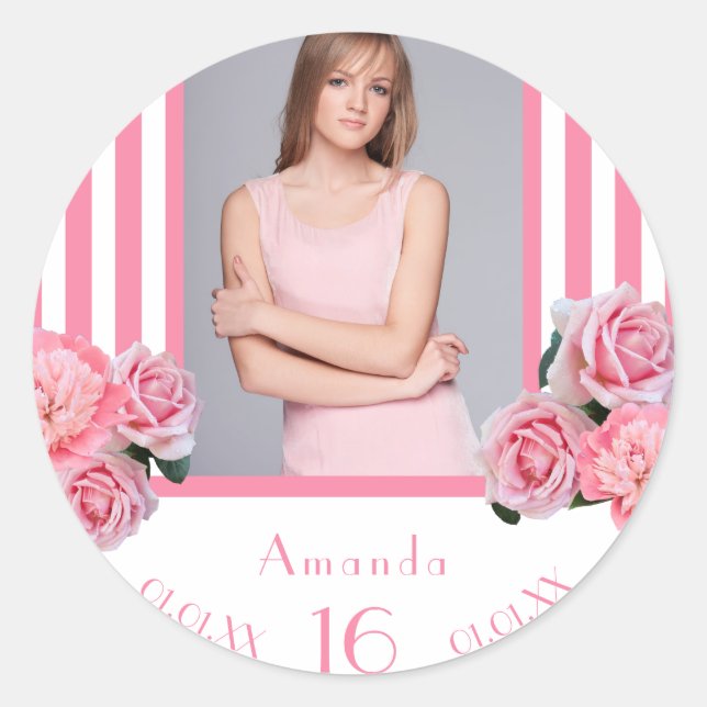 Sticker Rond Sweet 16 rose blanc rayures fleurs photo (Devant)