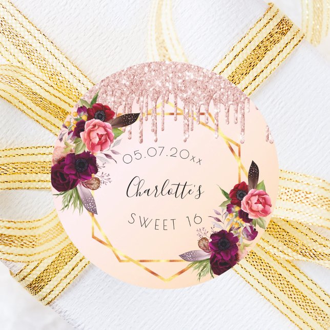 Sticker Rond Sweet 16 rose or rousse parties scintillant floral (Créateur téléchargé)