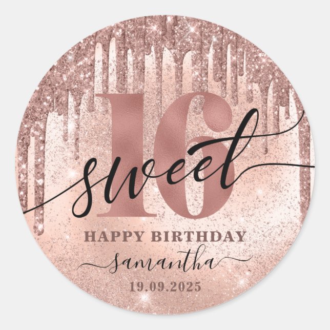 Sticker Rond Sweet 16 Rose Parties scintillant or et huile (Devant)
