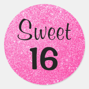 Sticker Rond Sweet 16 Seize Noir & Paillettes Rose Chaud