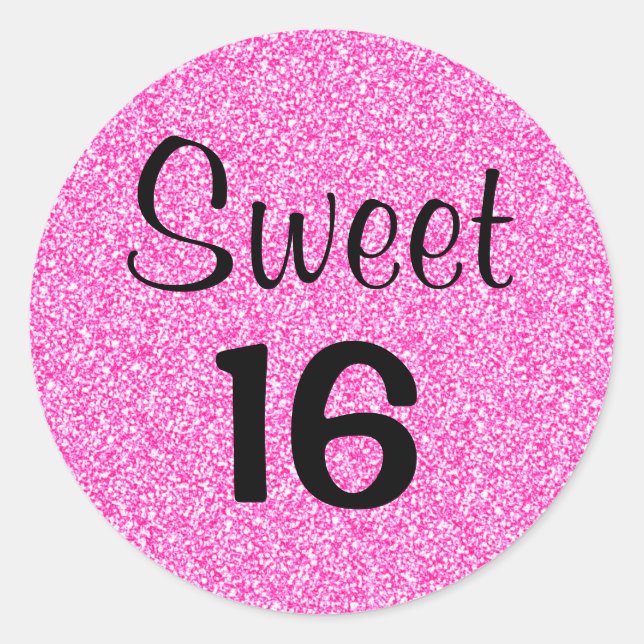 Sticker Rond Sweet 16 Seize Noir & Paillettes Rose Chaud Brilla (Devant)