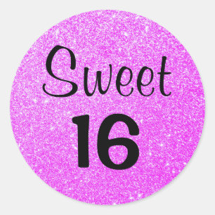 Sticker Rond Sweet 16 Seize Noir & Paillettes Violet Étincelles