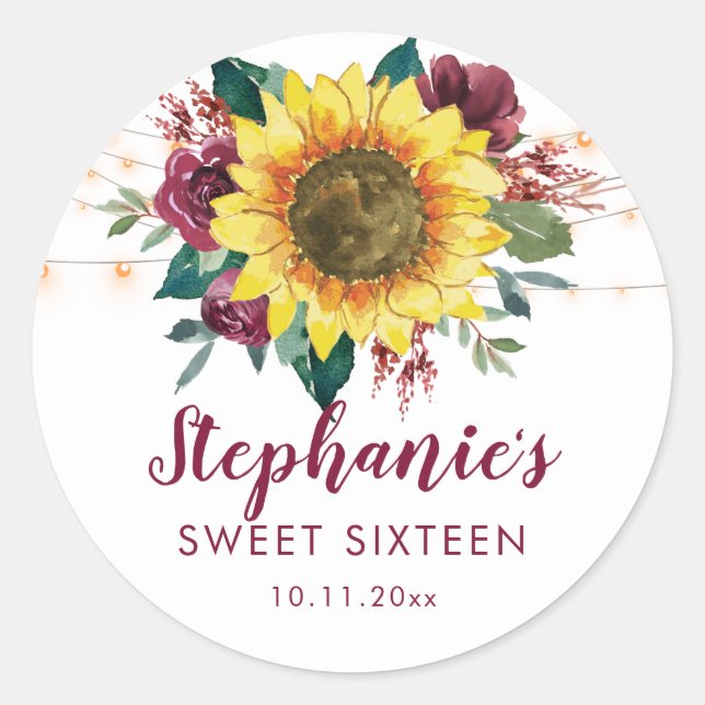 Sticker Rond Sweet 16 Sunflower Lumières Floral Anniversaire (Devant)