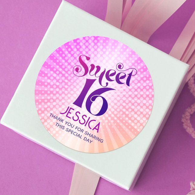 Sticker Rond Sweet 16 Super rose orange rayé Retro Boho (Créateur téléchargé)