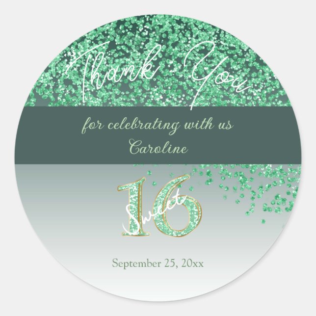Sticker Rond Sweet 16 Thank You Falling Green Glitter (Devant)