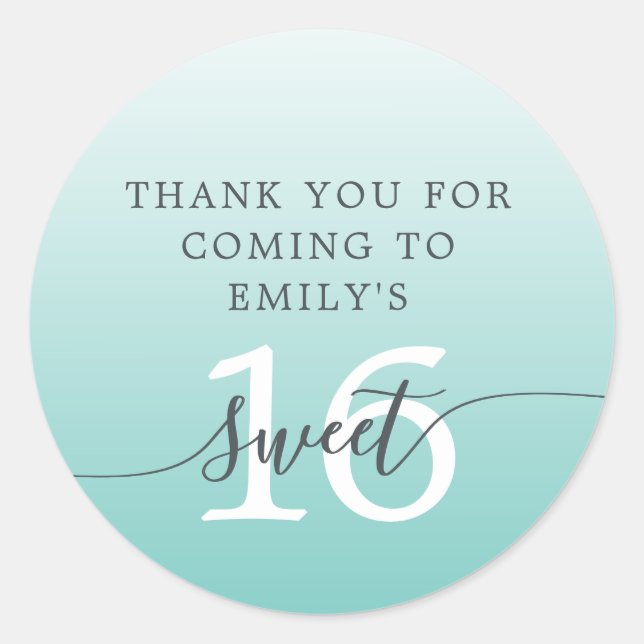 Sticker Rond Sweet 16 Turquoise clair Ombre Merci Nom personnal (Devant)