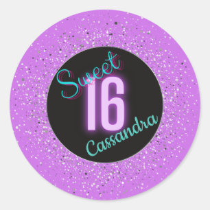 Sticker Rond Sweet 16 violet argenté brillance personnalisée