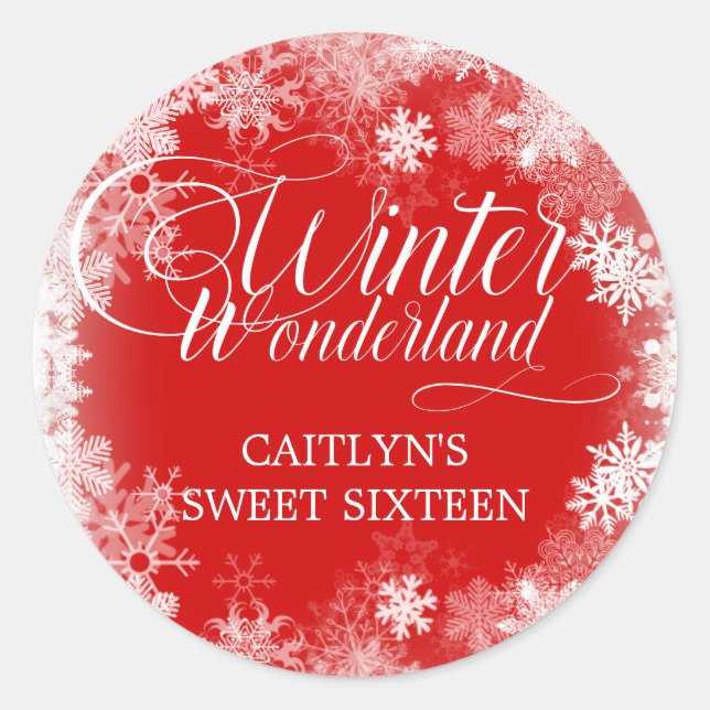 Sticker Rond Sweet 16 Winter Wonderland Snowflake Favor (Devant)