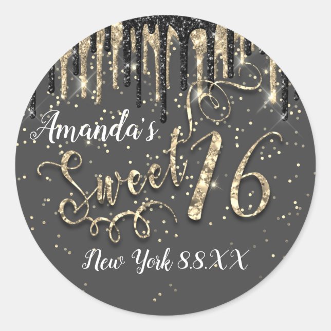 Sticker Rond Sweet 16e Party Gold Confetti Drips gris noir (Devant)