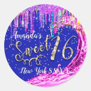 Sticker Rond Sweet 16e Party Rose Waves Confetti Royal Blue