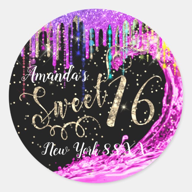Sticker Rond Sweet 16ème Parti rose Vagues Confetti Arc-en-ciel (Devant)
