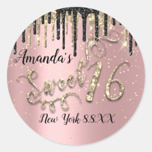 Sticker Rond Sweet 16ème Parties scintillant Gold Confetti Rose