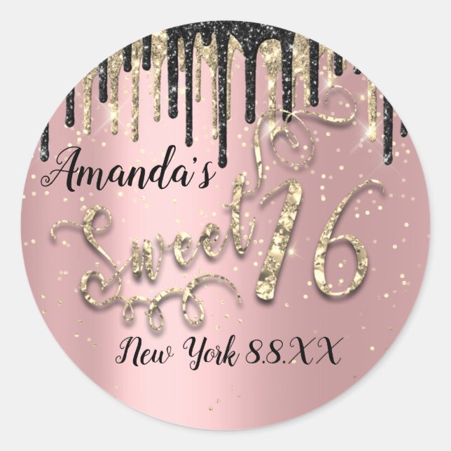 Sticker Rond Sweet 16ème Parties scintillant Gold Confetti Rose (Devant)