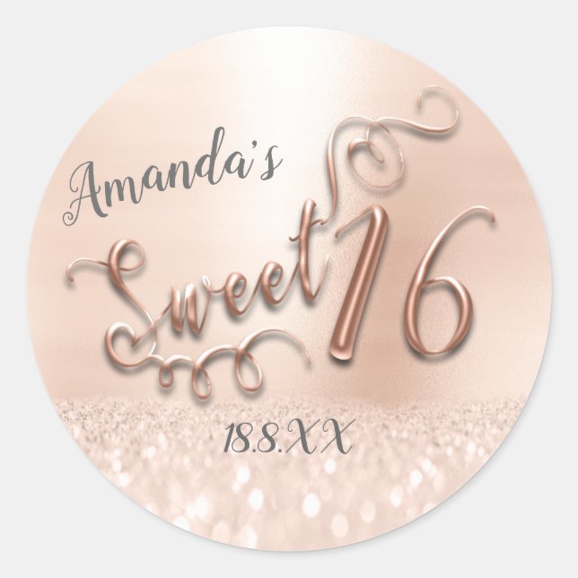 Sticker Rond Sweet 16th Script Parties scintillant métallique R (Devant)