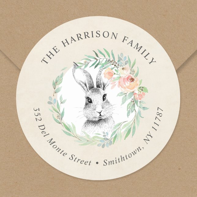 Sticker Rond Sweet Bunny Floral Wreath Pâques Adresse de retour (Créateur téléchargé)