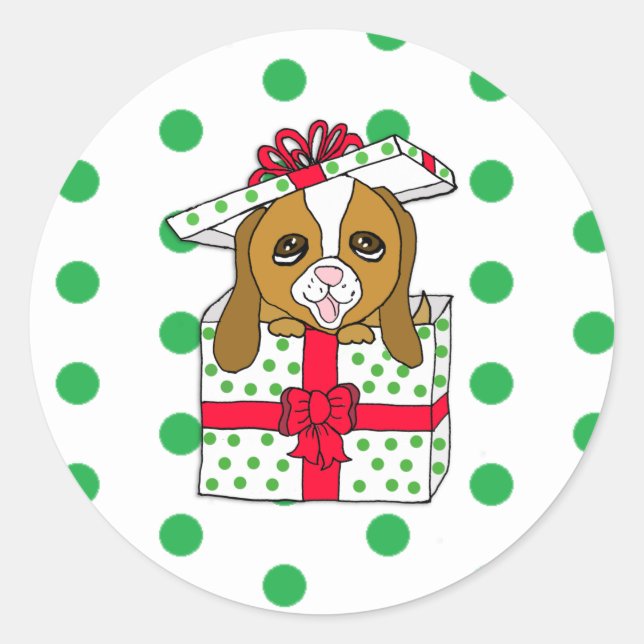 Sticker Rond Sweet Chien de Chien en boîte cadeau de Noël avec  (Devant)