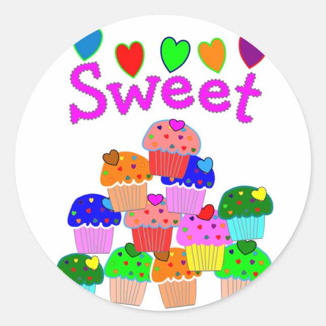Sticker Rond "Sweet" Cupcake Stack avec Coeurs Lumineux (Devant)