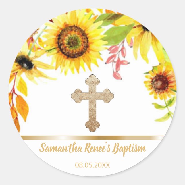Sticker Rond Sweet Floral Gold Cross Baby Baptism Favoriser (Devant)