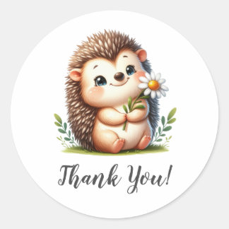 Sticker Rond Sweet Hérisson Holding Fleurs Merci