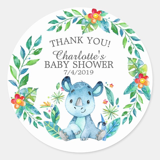 Sticker Rond Sweet Jungle Rhino Baby shower Merci Favor (Devant)