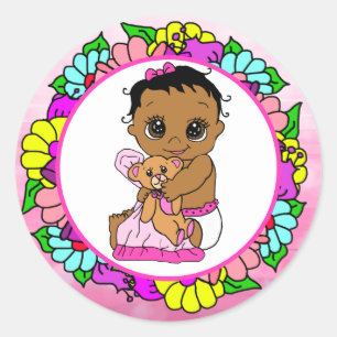 Sticker Rond Sweet Little Ethnic Baby avec Teddy Bear Floral