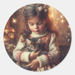 Sticker Rond Sweet Little Girl and Kitten Christmas