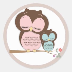 Sticker Rond Sweet Little Mama & Baby Owl sur une branche