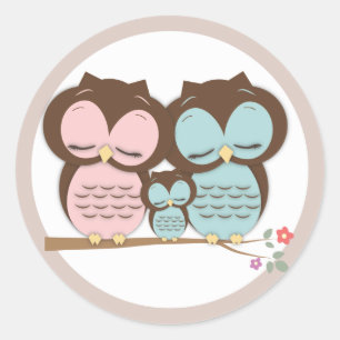 Sticker Rond Sweet Little Owl Family sur une branche
