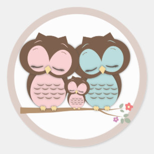 Sticker Rond Sweet Little Owl Family sur une branche