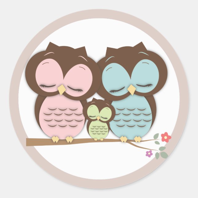 Sticker Rond Sweet Little Owl Family sur une branche (Devant)