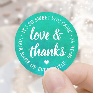 Sticker Rond Sweet Love & Merci Script Blue Green Aquarelle