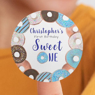 Sticker Rond Sweet One Donut Blue Boy 1ère fête d'anniversaire