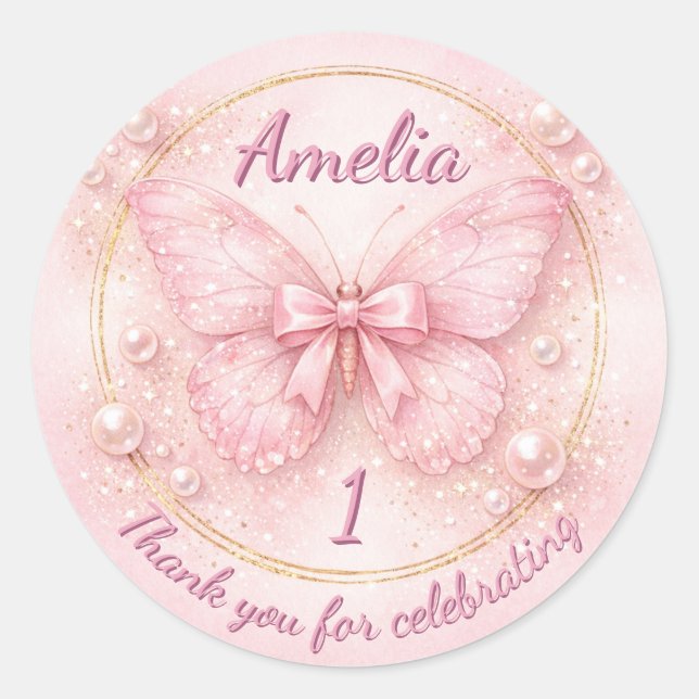 Sticker Rond Sweet One Pink Butterfly 1st Birthday Thank You (Devant)
