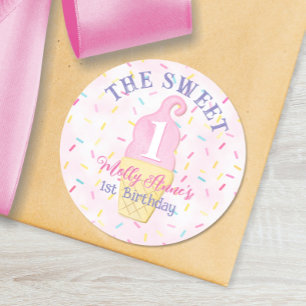 Sticker Rond Sweet ONE rose crème glacée cône 1er anniversaire 