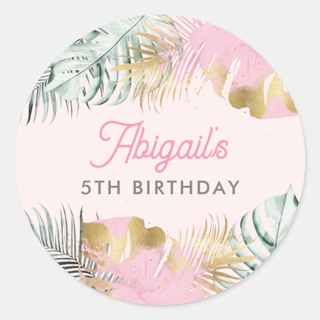 Sticker Rond Sweet Rose & Or Tropical Feuilles Anniversaire (Devant)